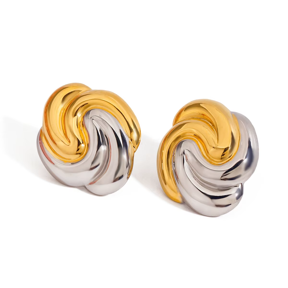 18K Gold Plated Stainless Steel Stylish Two-Tone Swirl Design Stud Earrings1
