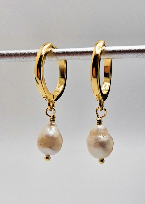 14K Gold Plated Drop Hoop, Cultured Freshwater Pearls Earrings0