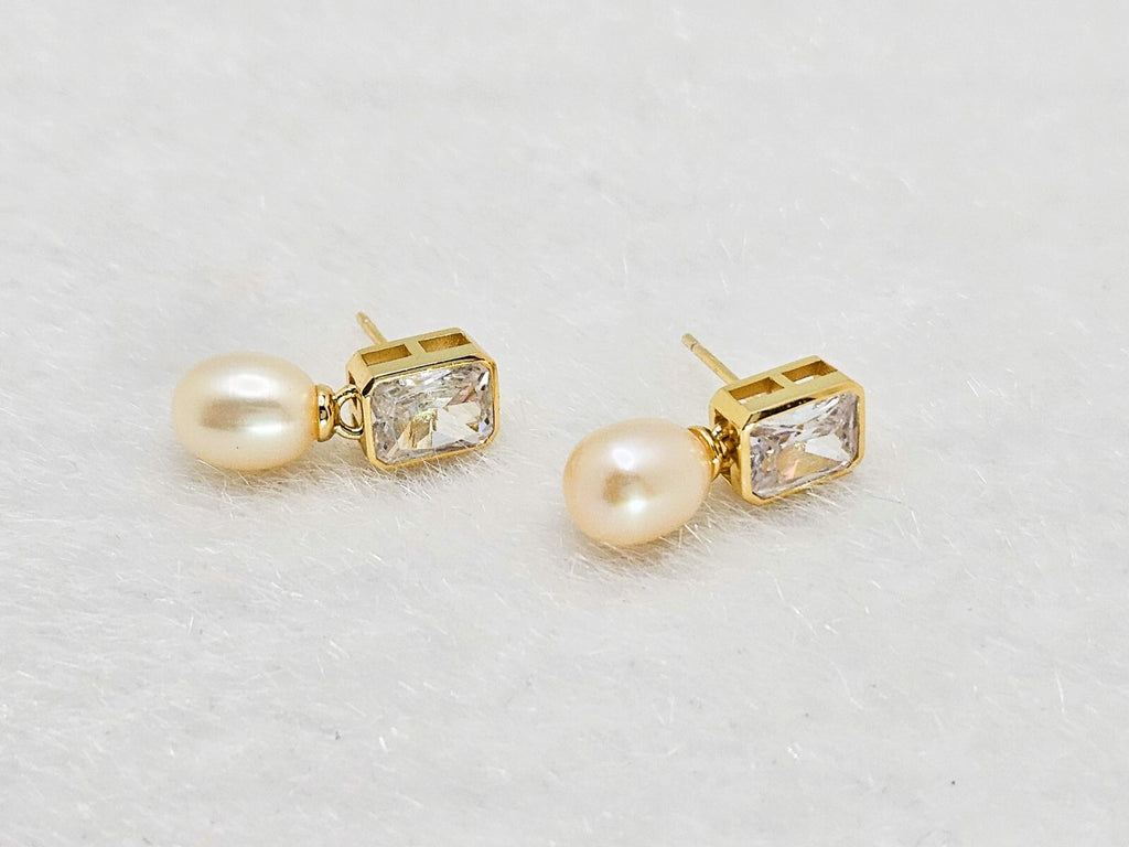 14K Gold Plated Sparkle Baguette Cubic Zirconia w/Freshwater Pearl Drop Earrings2