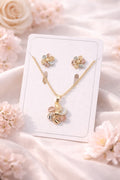 18K Gold Plated Tri-Color Floral Jewelry Set Necklace & Stud Earrings for Her0