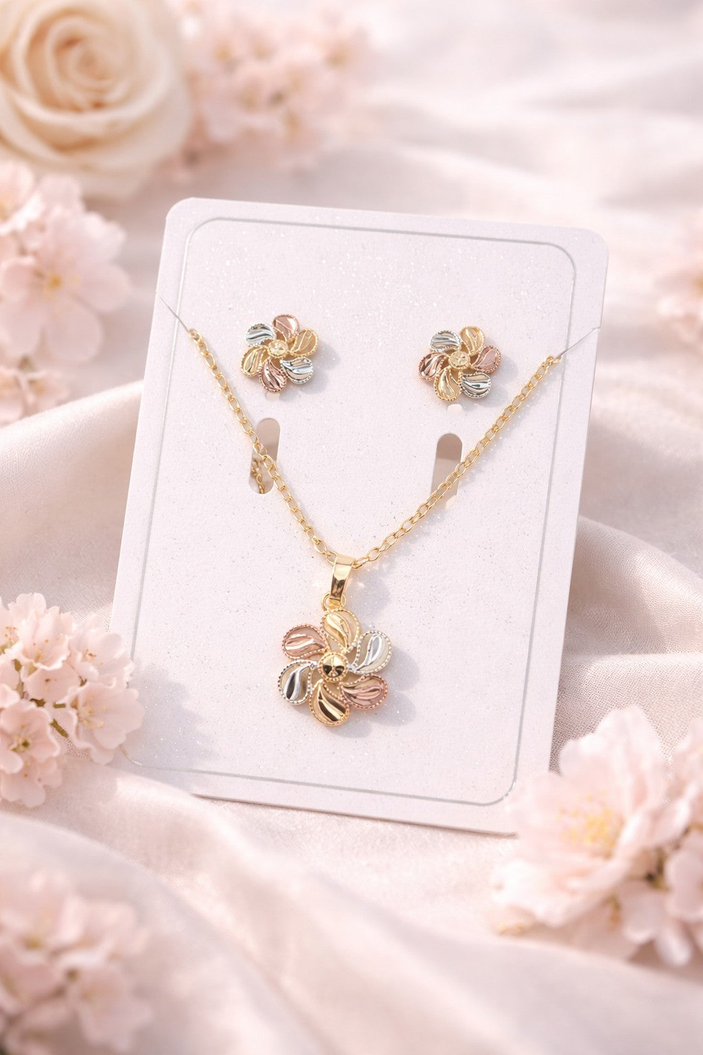 18K Gold Plated Tri-Color Floral Jewelry Set Necklace & Stud Earrings for Her0