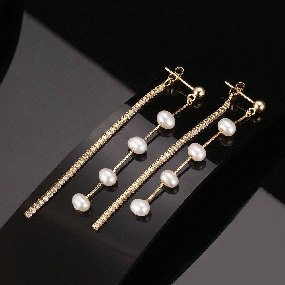 14K Gold Plated Cubic Zirconia, Baroque Freshwater Pearls Stud Drop Earrings4
