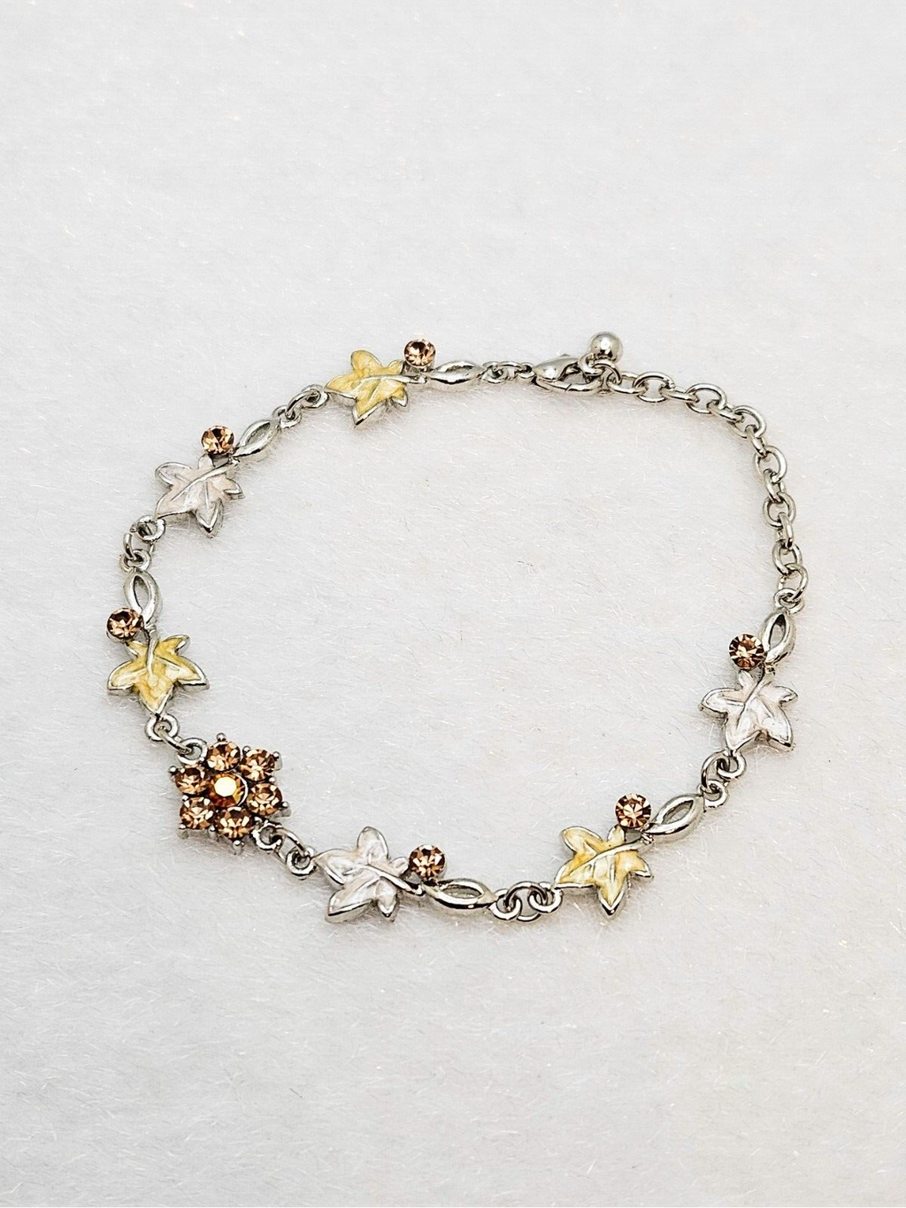 Enamel Rhinestone Flower and Leaf Design, Silver Link Chain Bracelet1