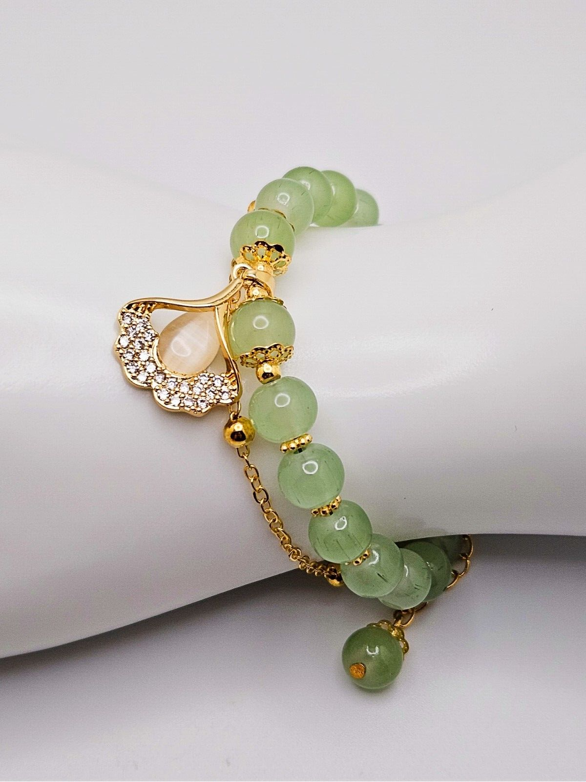 Jade Beaded Bracelet with Leaf Charm, Adjustable Double Layer Gold Link Jewelry3