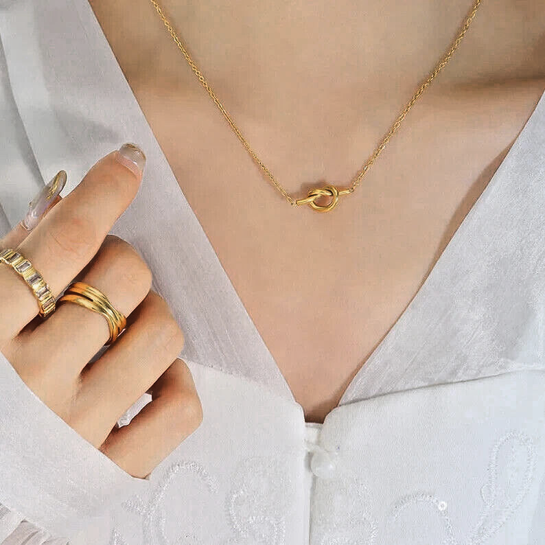 18K Gold Stainless Steel Clavicle Chain Knot Pendant Necklace3