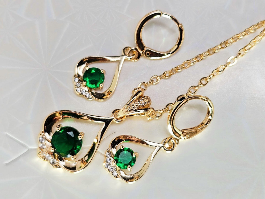 18K Gold Plated Necklace and Earring 2 piece set with Green and Cubic Zirconia1