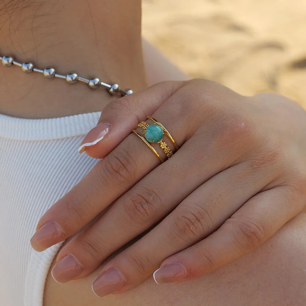 18K Gold Plated Amazonite Natural Stone Adjustable Open Ring, Stainless Steel7