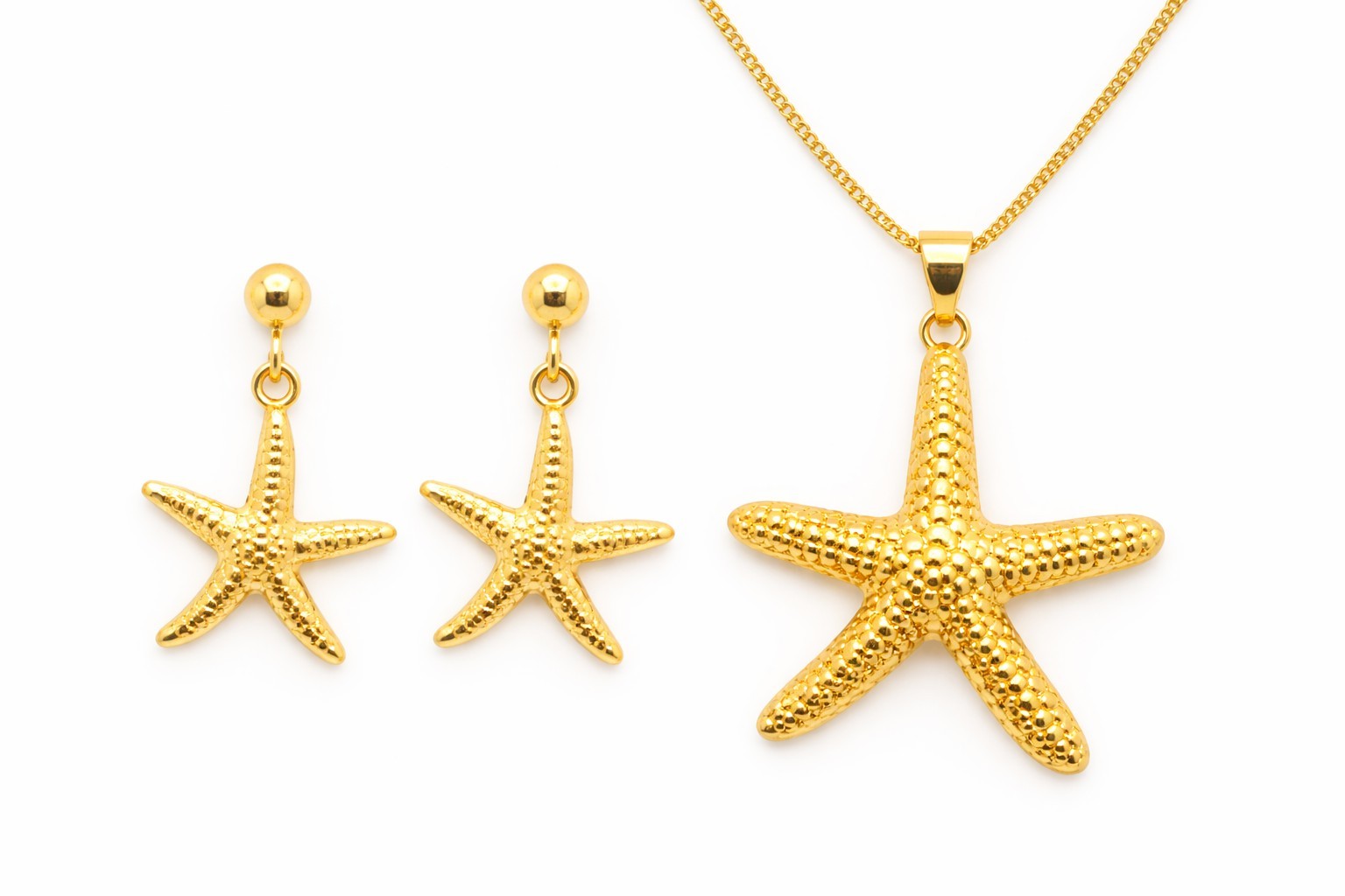 18K Gold Plated Starfish Jewelry Set Dainty Earrings & Chunky Pendant Necklace0