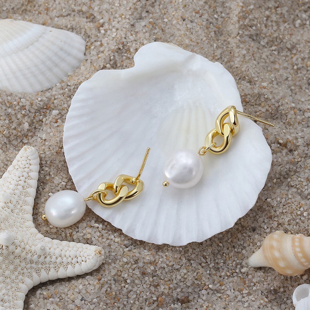 14K Gold Plated Cultured Freshwater Pearls,  Cuban link Drop Earrings for Women3