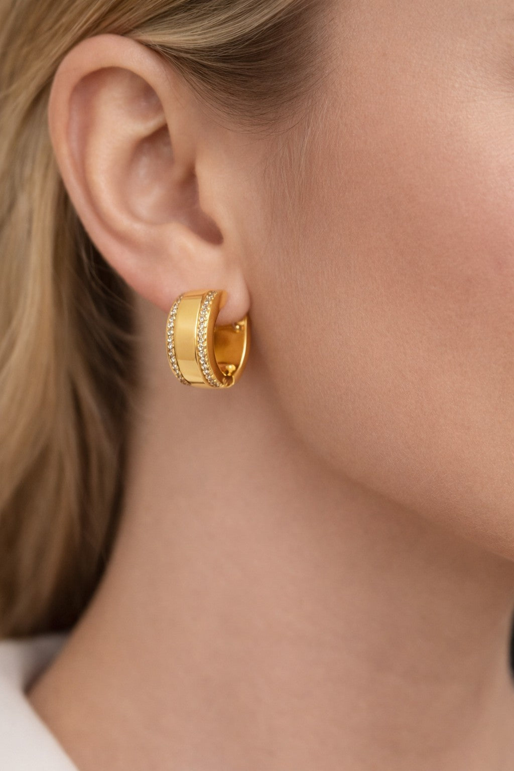 18K Gold Plated Wide Huggie Hoop Earrings with Cubic Zirconia Border for Women0