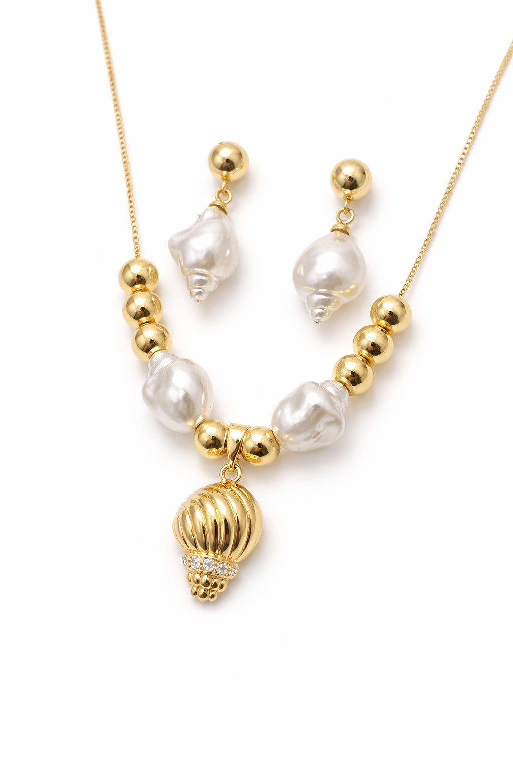 18K Gold Plated Seashell Necklace Earrings Set CZ Pendant Faux Pearl Adjustable0