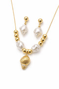 18K Gold Plated Seashell Necklace Earrings Set CZ Pendant Faux Pearl Adjustable0