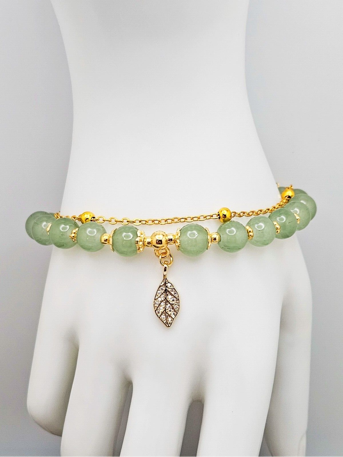 Double Layer Jade Beads Bracelet with Small Gold Plated Pave Leaf Charm3