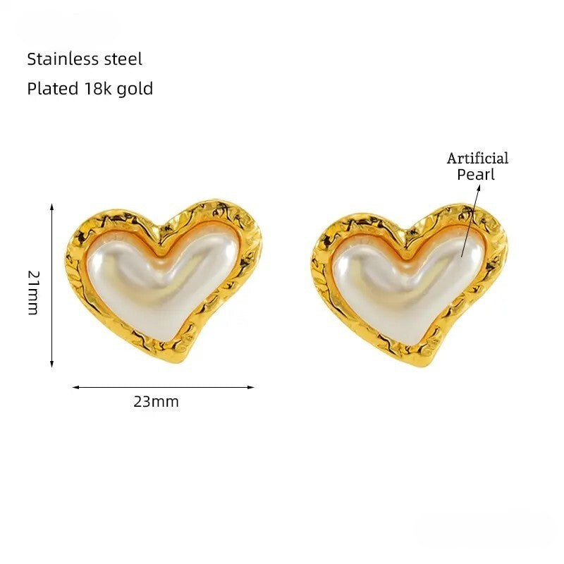 18K Gold Plated Stainless Steel Heart Stud Earrings with Artificial Pearl9