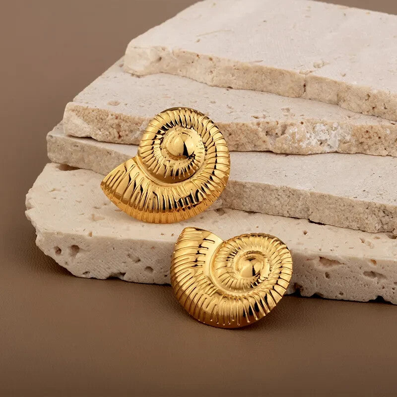 18K Gold Plated Spiral Design Conch Stud Earrings – Textured Stainless Steel6