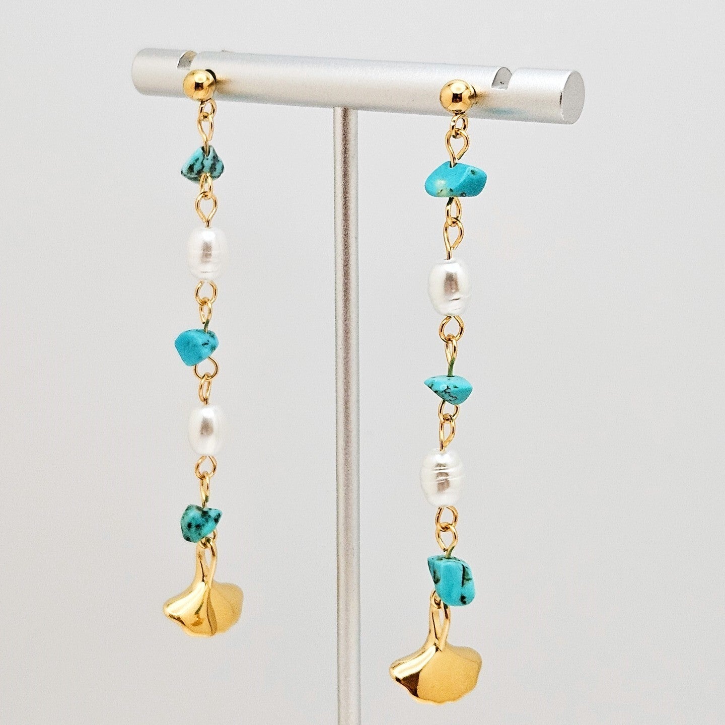 18K Gold Plated Natural Turquoise and Pearl Tassel Drop Earrings for Women0
