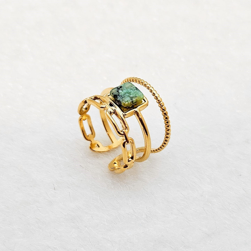 18K Gold Plated Stainless Steel Open Ring Green Marble Stone Adjustable 4