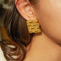 18K Gold Plated Stainless Steel Thick Square Woven Design Stud Earring for Women0