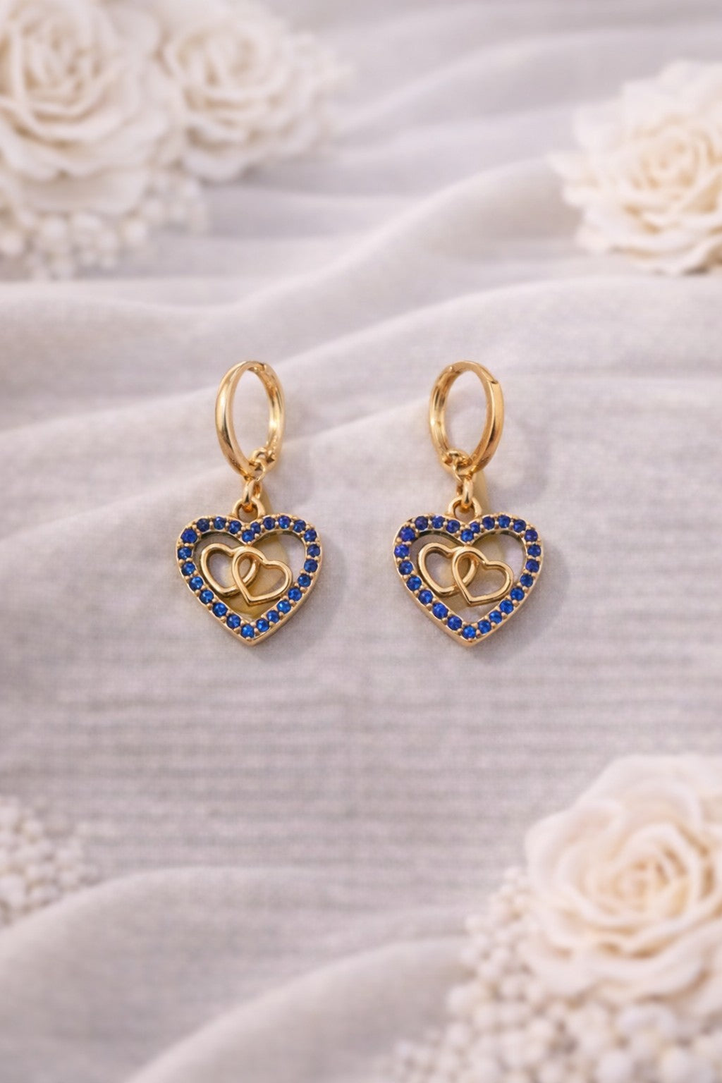 18K Gold Plated Double Heart Jewelry Set Blue CZ Necklace & Earrings1