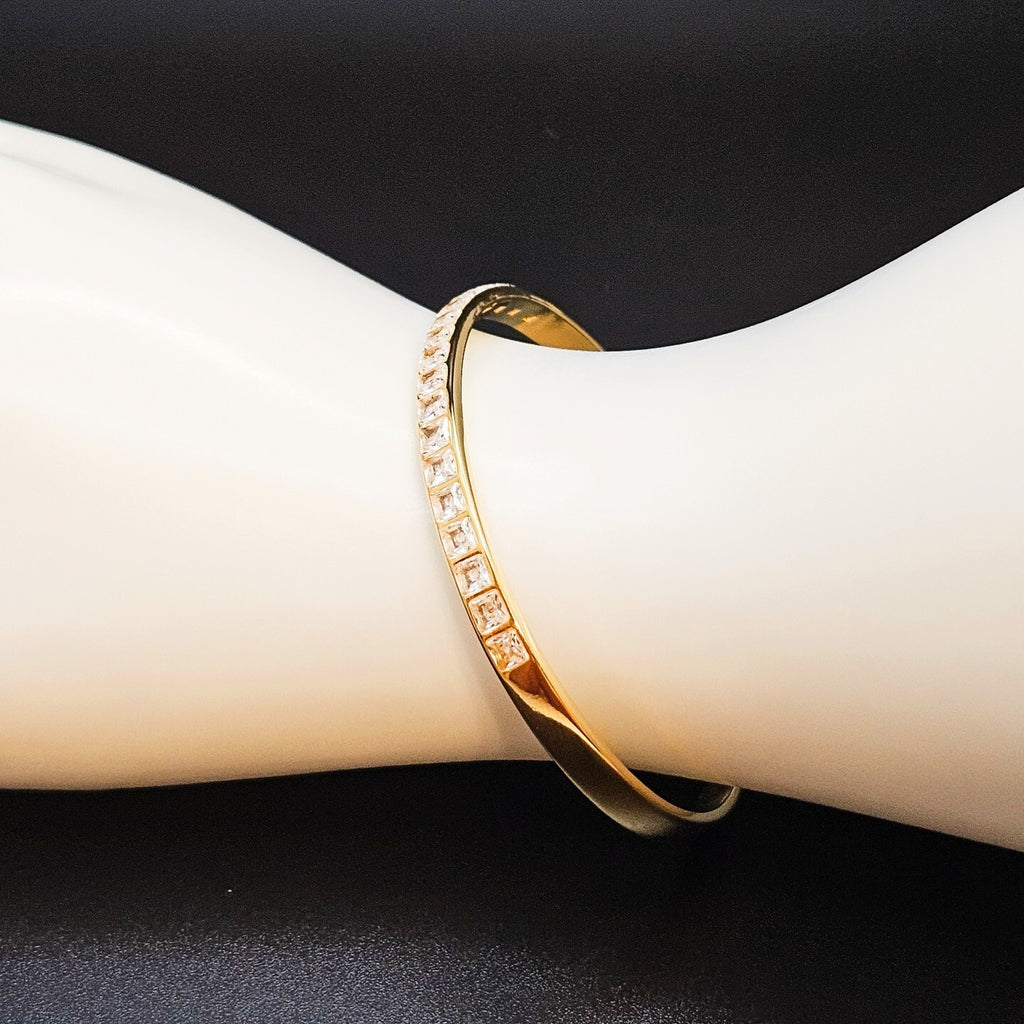 18K Gold Plated Cuff Bangle with Cubic Zirconia Accent, Stainless Steel Bracelet4