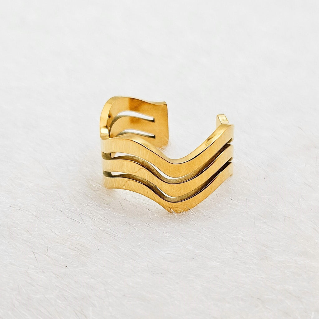 18K Gold Plated Chunky Three Layer Wave Open Ring, Stainless Steel Jewelry3