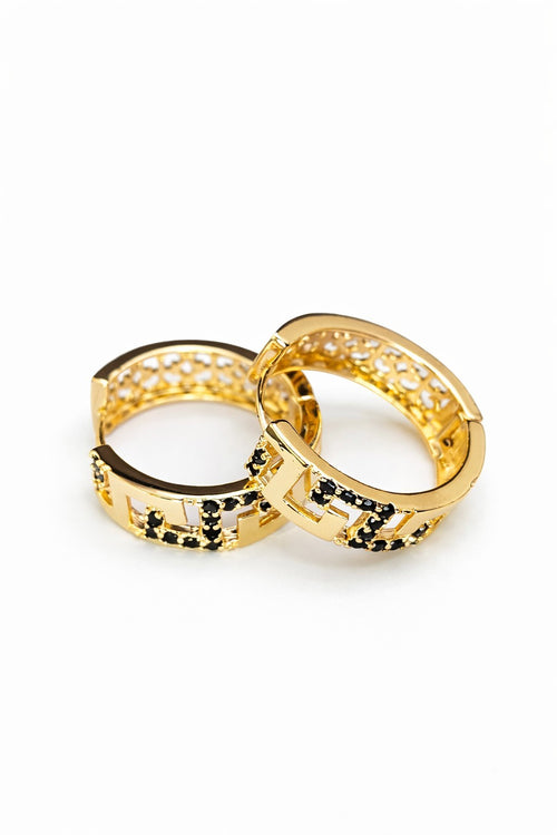 18K Gold Greek Key Hoop Earrings Black Cubic Zirconia1