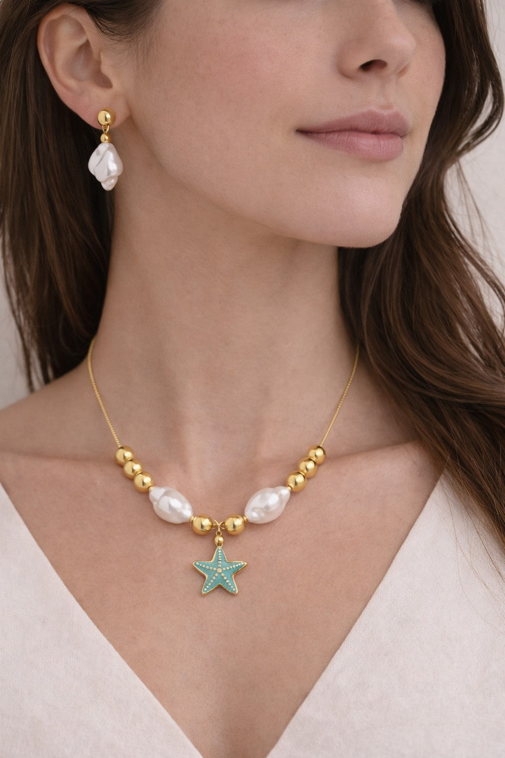 18K Gold Plated Pearl Starfish Necklace & Earrings Set Adjustable Choker for Her1