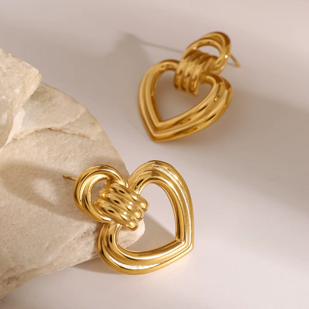 18k Gold Plated Stainless Steel Ribbed Heart-shaped Stud Earrings for Women4