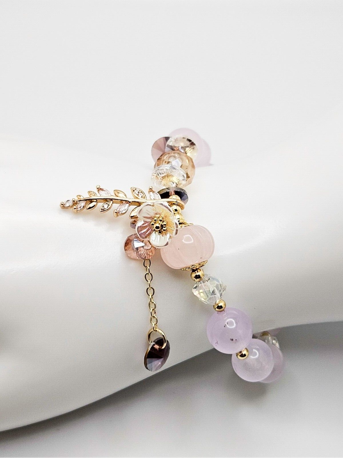Color Stone Flower Leaf Pendant Crystal Bracelet, Cute Beads for Women & Girls3