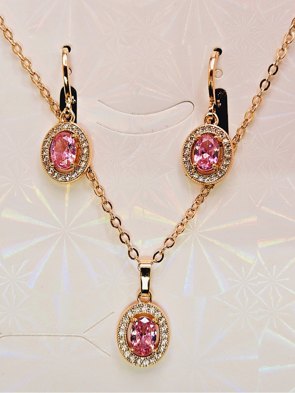 Necklace and Earring set 3 piece 18K Gold with Pink and White Cubic Zirconias0