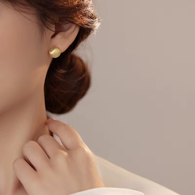 14K Gold Plated Frosted Ball Round Disc Stud Earrings for Women0