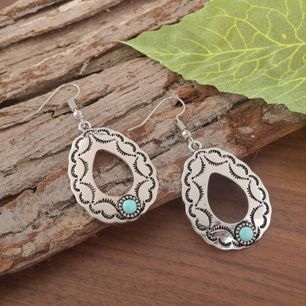 Silver Plated Boho Chic Drop Earrings, Turquoise Statement Earrings for Women0