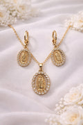 18K Gold Plated Virgin Mary CZ Necklace & Earrings Jewelry Set Oval Pendant0
