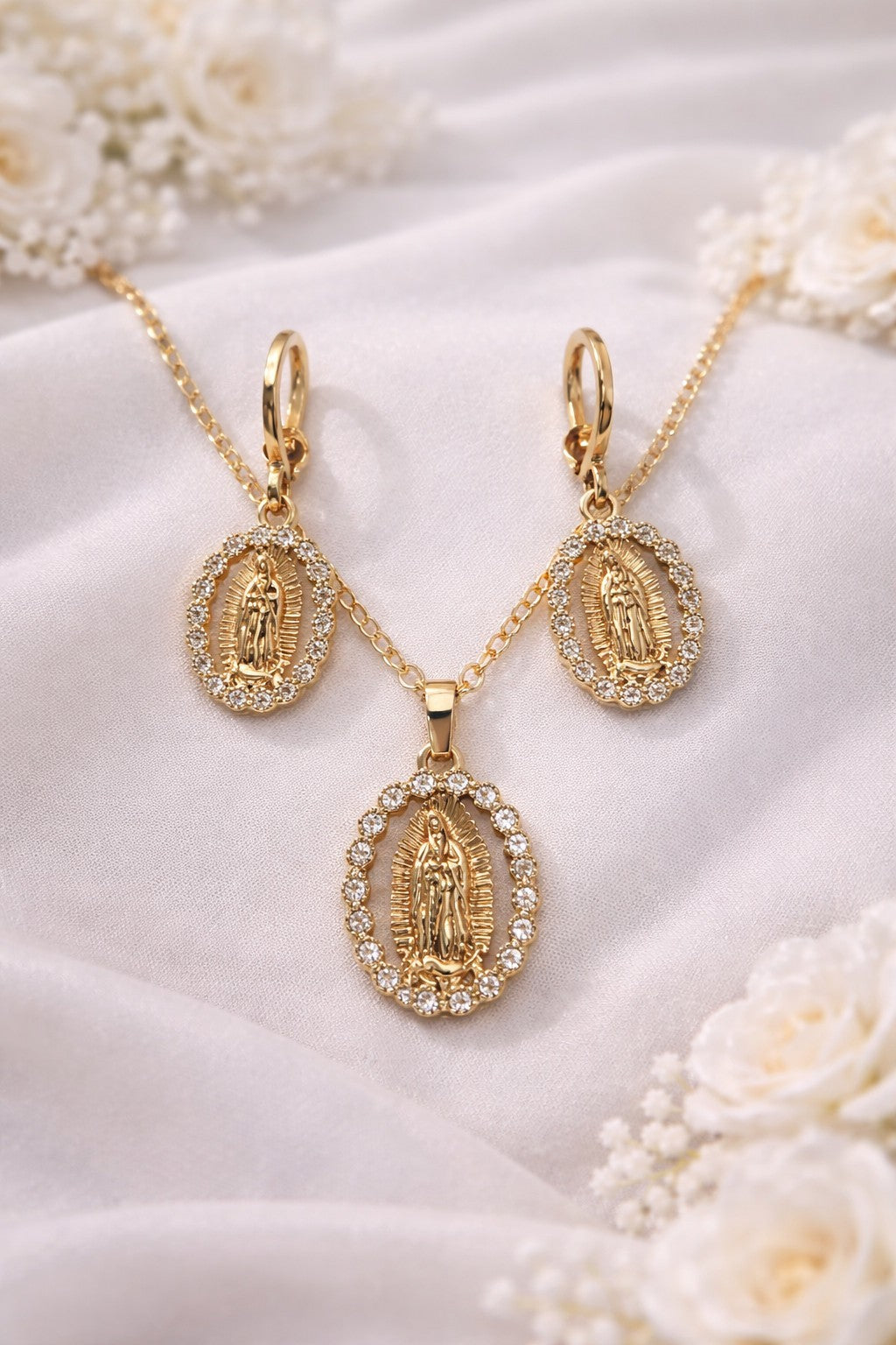18K Gold Plated Virgin Mary CZ Necklace & Earrings Jewelry Set Oval Pendant0