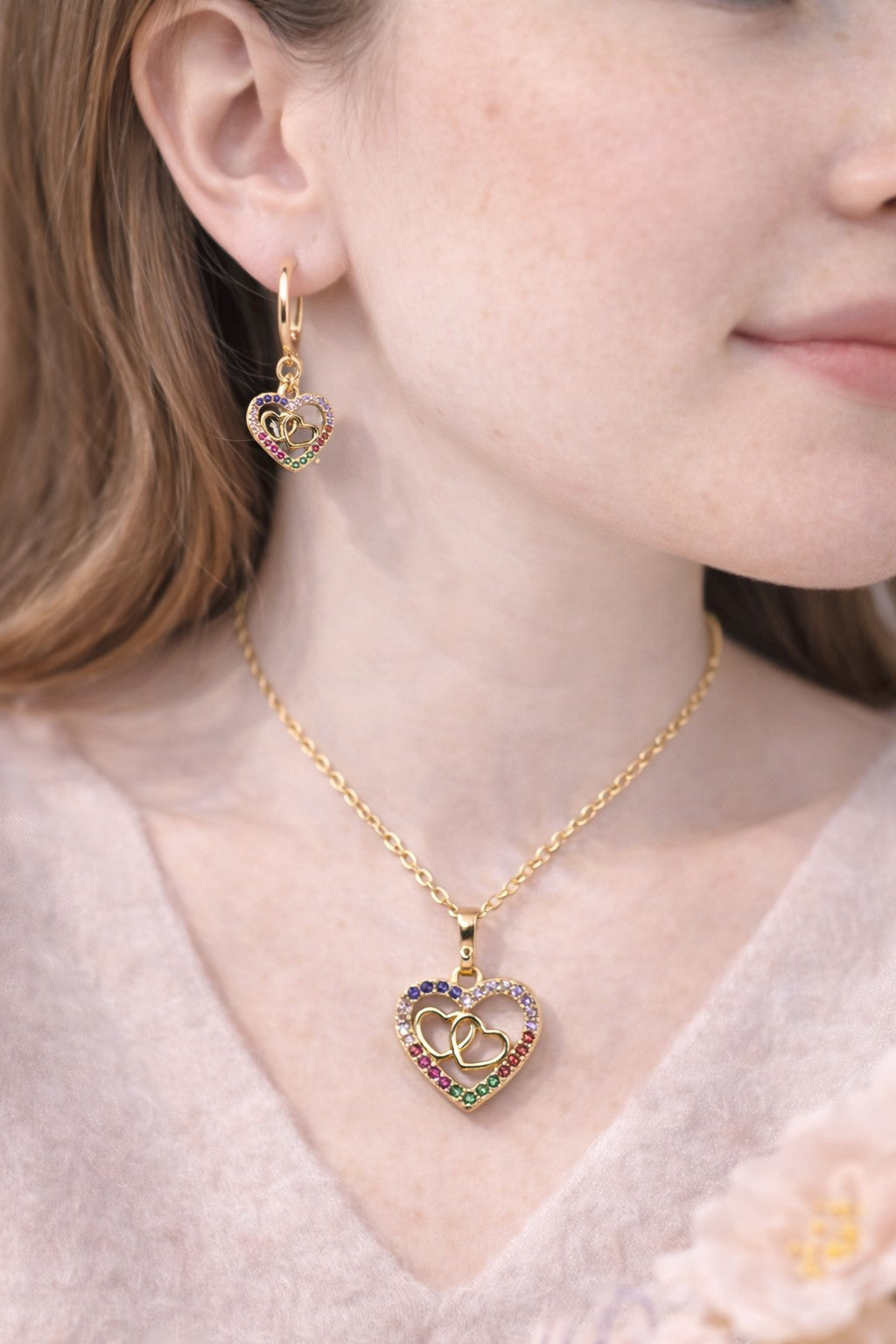 18K Gold Plated Heart Jewelry Set Multi- Color CZ Necklace & Earrings3