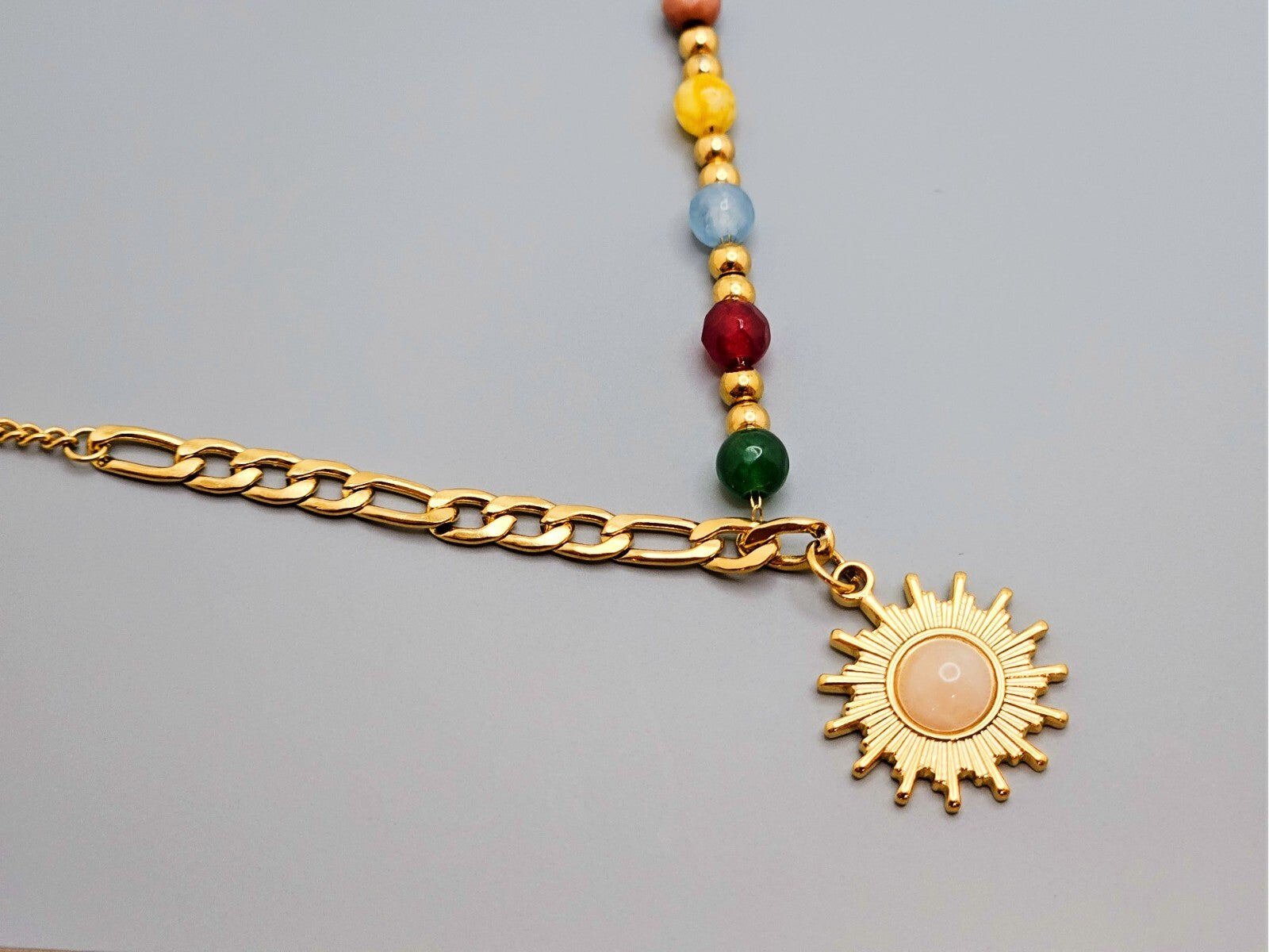 18K Gold Plated Half Colored Bead & Half Figaro Chain, Opal Stone Sun Necklace1