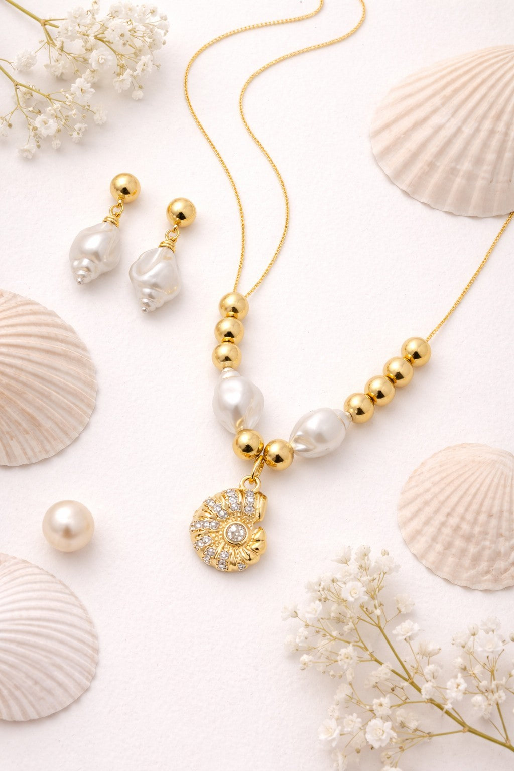 18K Gold Plated Necklace & Earrings Set Faux Pearl Shell Pendant CZ Jewelry5