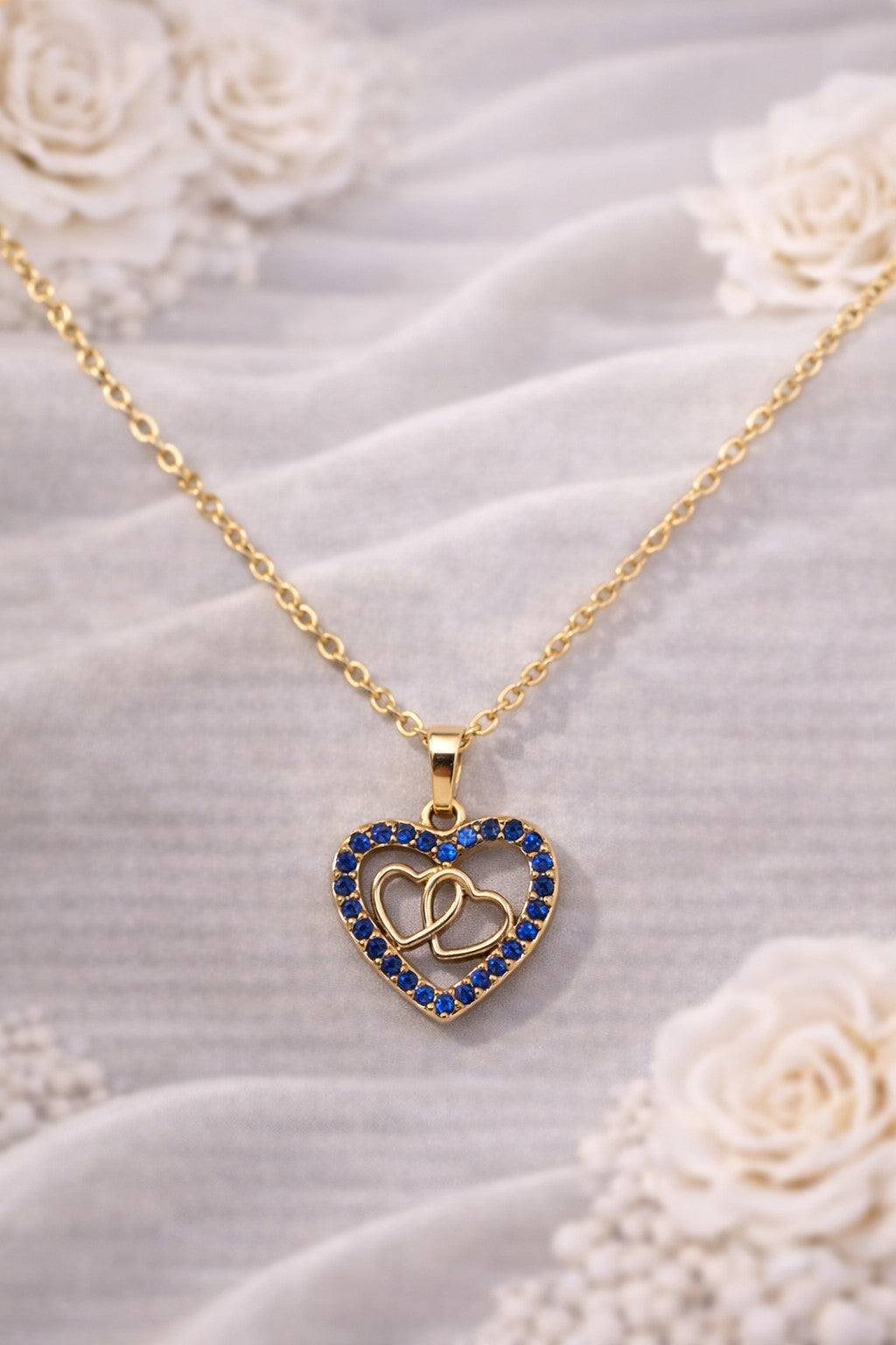 18K Gold Plated Double Heart Jewelry Set Blue CZ Necklace & Earrings2