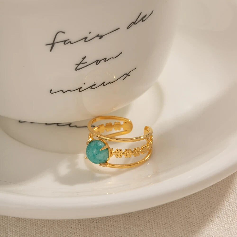 18K Gold Plated Amazonite Natural Stone Adjustable Open Ring, Stainless Steel4