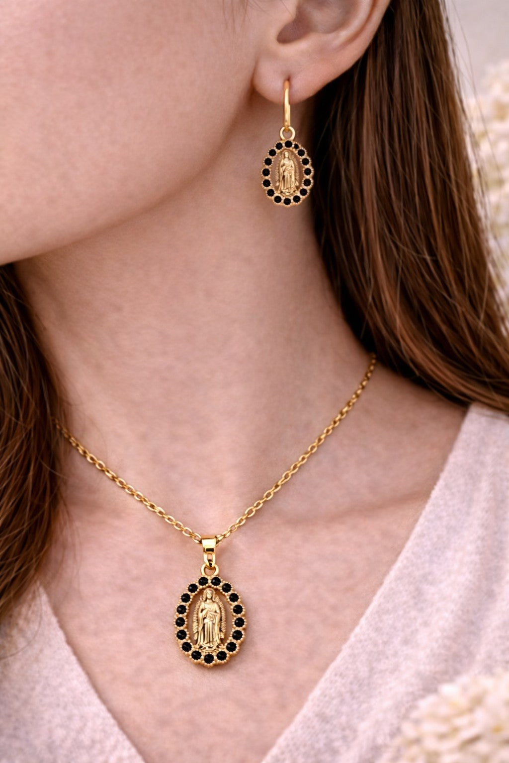 18K Gold Plated Virgin Mary Necklace & Earrings Jewelry Set Black Cubic Zirconia3