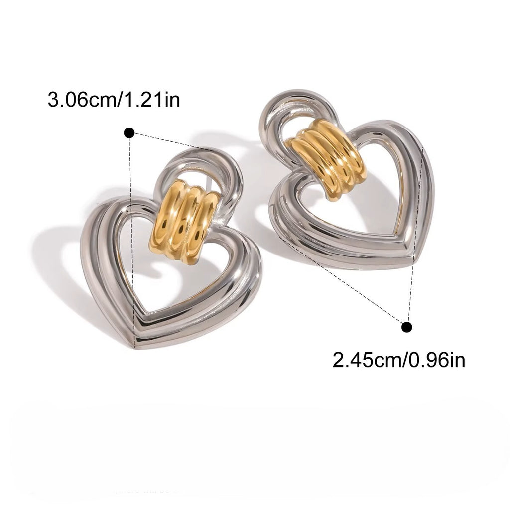 18k Gold Plated Stainless Steel Two-Tone Ribbed Heart Stud Earrings for Women4