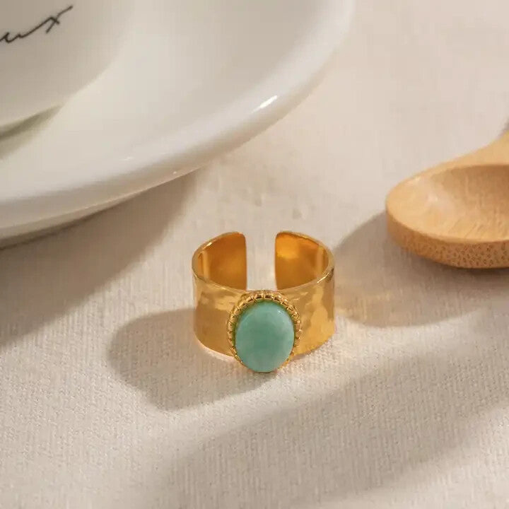 18K Gold Plated Amazonite Stone Wide Ring, Stainless Steel Jewelry for Women1