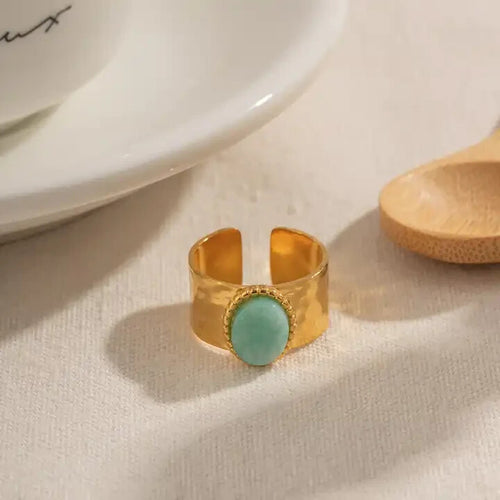 18K Gold Plated Amazonite Stone Wide Ring, Stainless Steel Jewelry for Women1