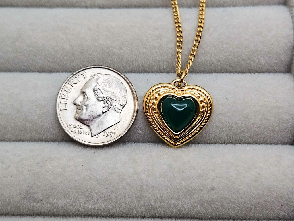 18K Gold Plated Stainless Steel Heart Pendant Necklace Emerald Color CZ3