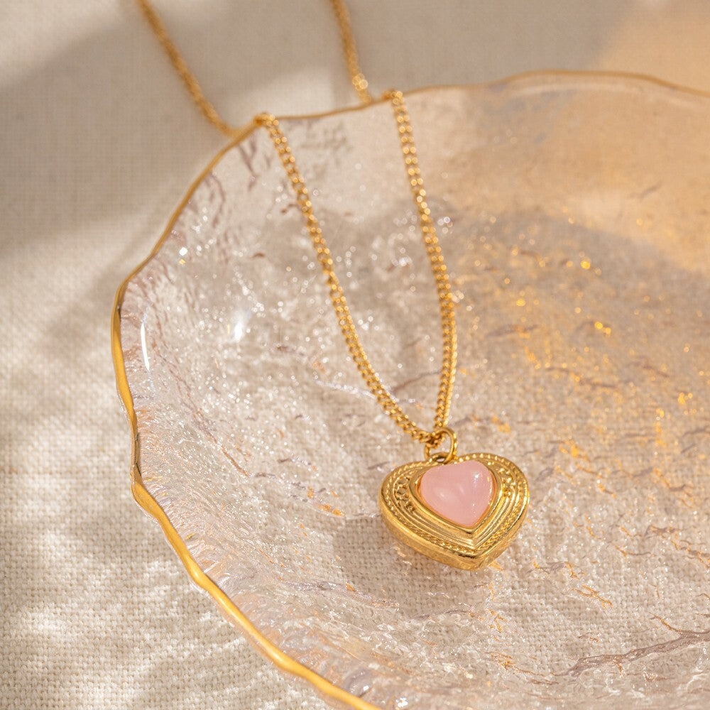 18K Gold Plated Stainless Steel Heart Pendant Necklace, Heart Pink Stone2