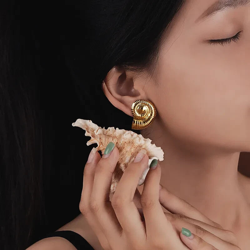 18K Gold Plated Spiral Design Conch Stud Earrings – Textured Stainless Steel0