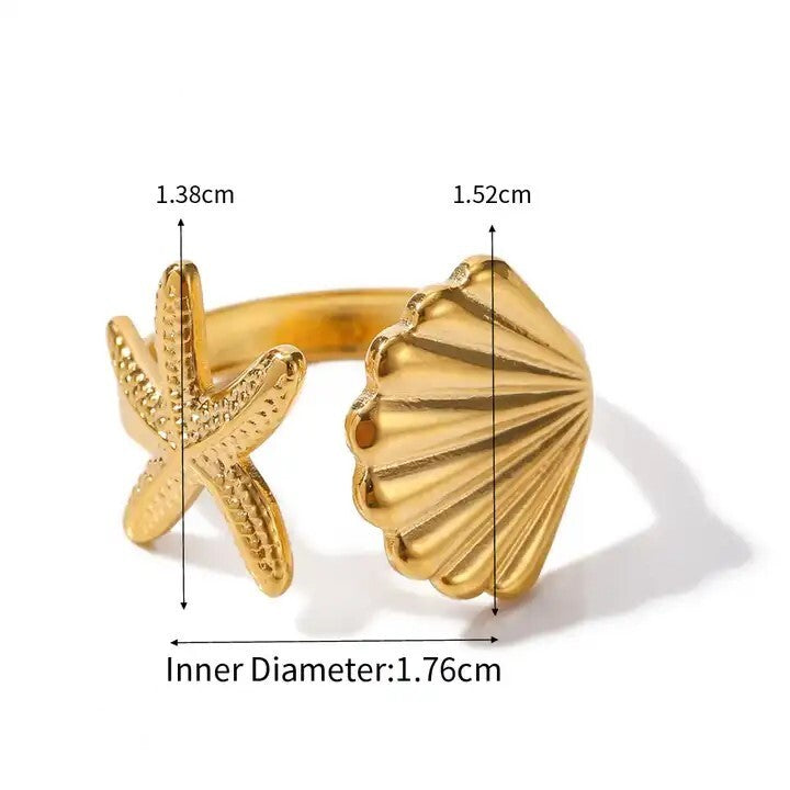 18K Gold Plated Shell and Starfish Design, Adjustable Open Ring for Women5