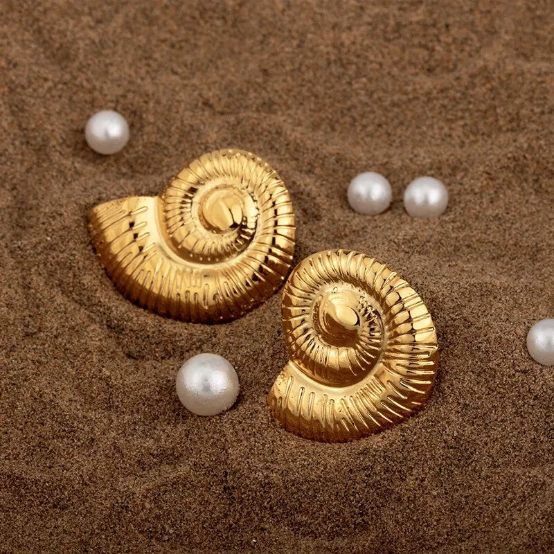 18K Gold Plated Spiral Design Conch Stud Earrings – Textured Stainless Steel4
