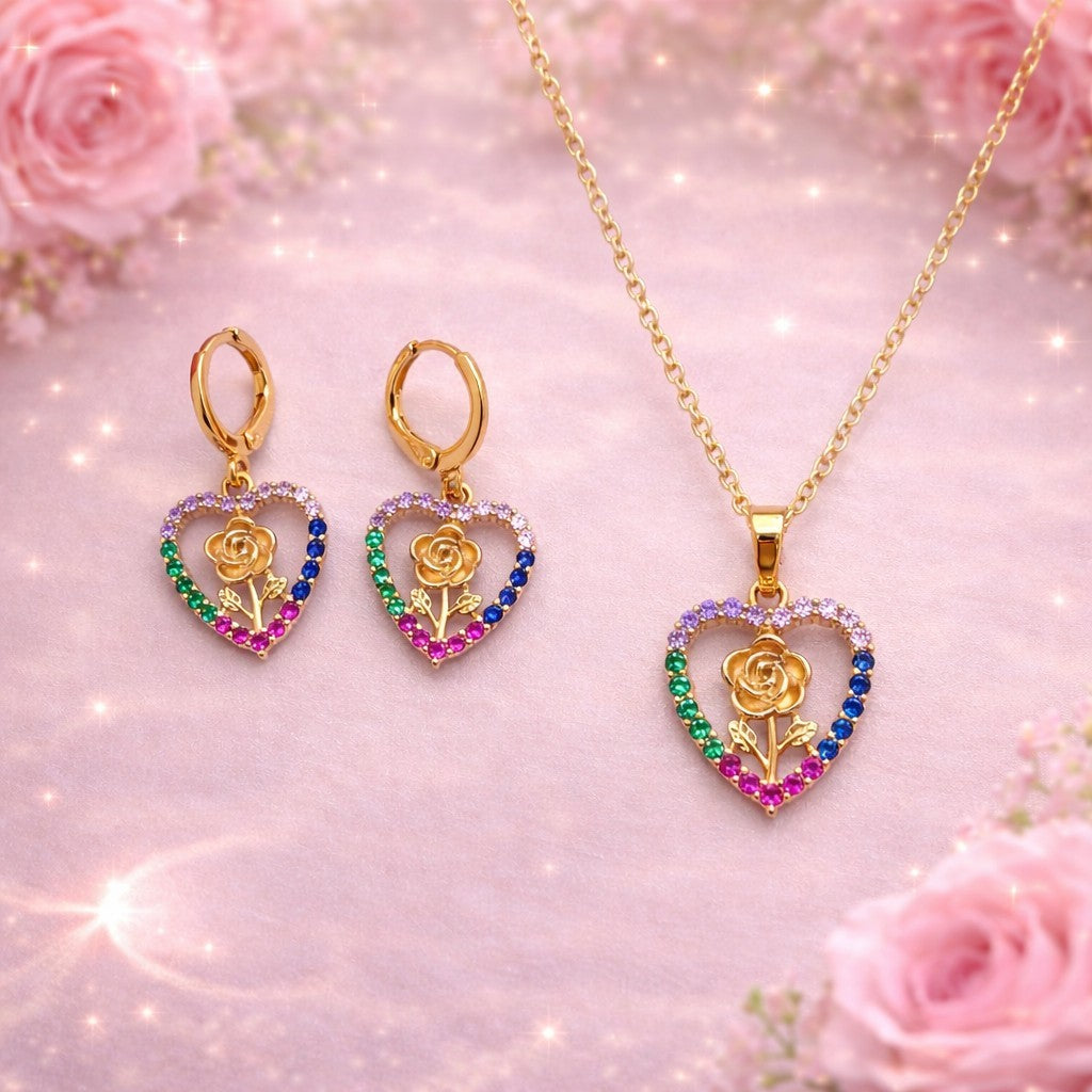 18K Gold Plated Heart Jewelry Set Multicolor Rose Necklace Earrings2