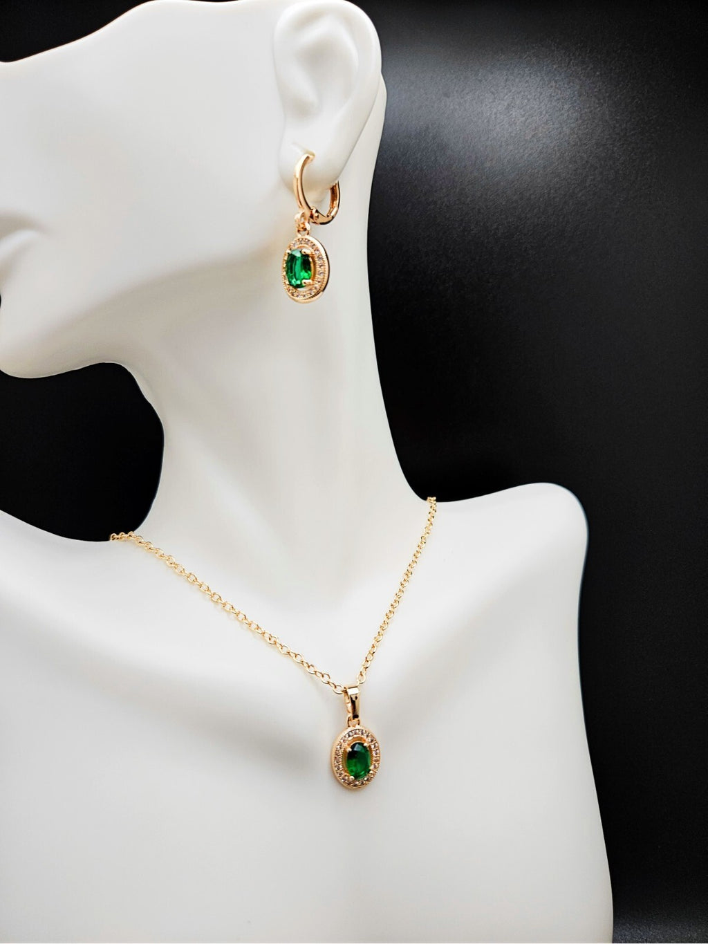 Necklace and Earring set 3 piece 18K Gold with Green and White Cubic Zirconias3
